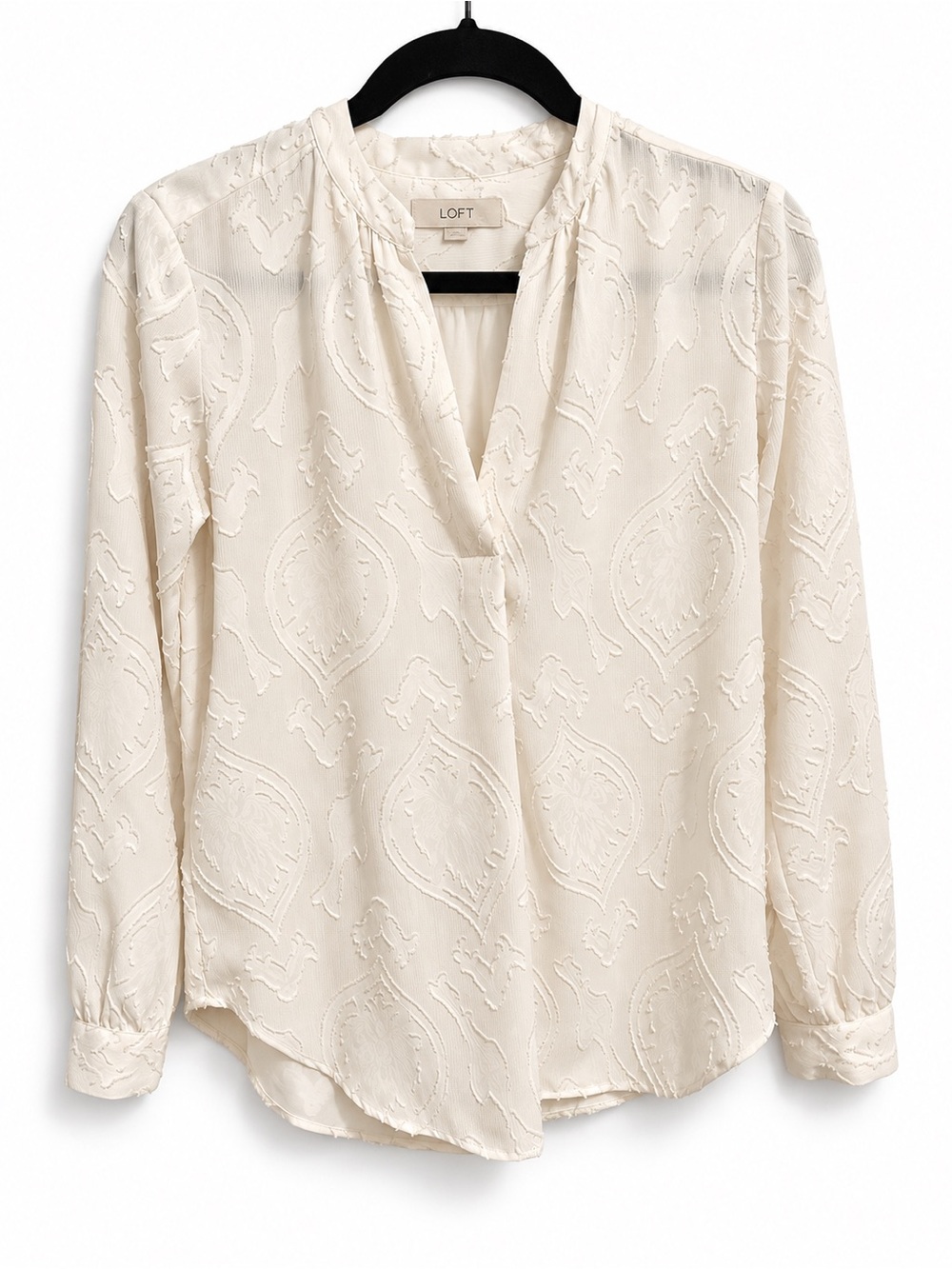 LOFT Ivory Textured Jacquard Paisley V-Neck Long Sleeve Blouse XS